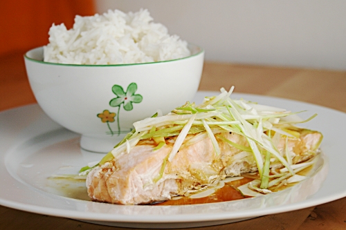 Steamed salmon with spring onions, ginger and a hot soy sauce dressing